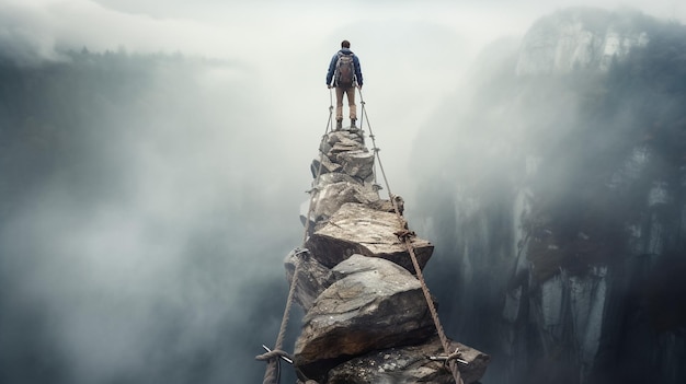 Foto ein mann steht auf einer steinernen klippe über den wolken erfolgskonzept