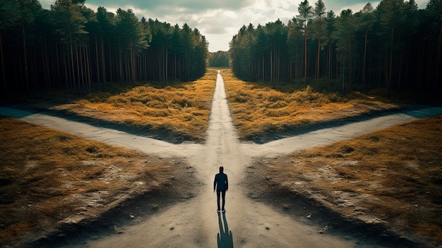 Foto ein mann steht auf einer straße, die straßen gehen in verschiedene richtungen.