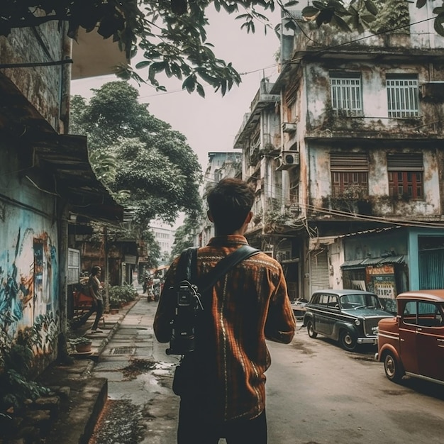 Ein Mann steht auf einer Straße in Hanoi, Vietnam.