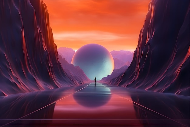 Ein Mann steht auf einer Straße mit einem Planeten im Hintergrund.