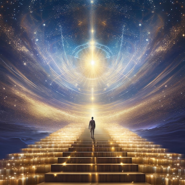 ein Mann steht auf einer Treppe vor einem sternenfüllten Himmel.