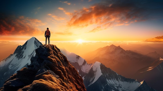 Ein Mann steht bei Sonnenuntergang auf einem Berggipfel. Generative KI