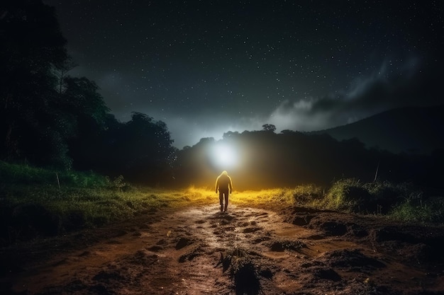 Ein Mann steht im Dunkeln auf einem Weg, auf dem ein Licht brennt.