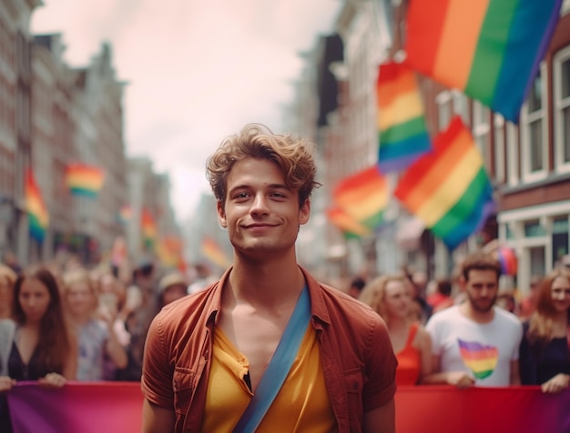 Ein Mann steht in Amsterdam vor einer Regenbogenfahne