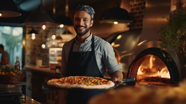 Ein Mann steht in der Küche vor einer Kulisse aus Pizza und einem Ofen