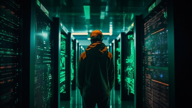 Ein Mann steht in einem dunklen Raum mit grünen Lichtern an der Wand hinter ihm.