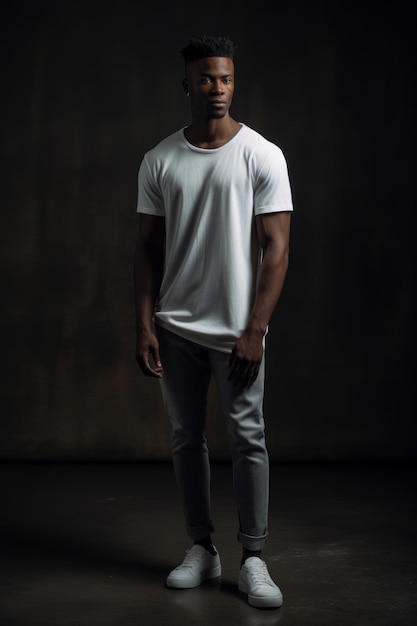Ein Mann steht in einem dunklen Raum und trägt ein weißes T-Shirt und eine graue Hose.