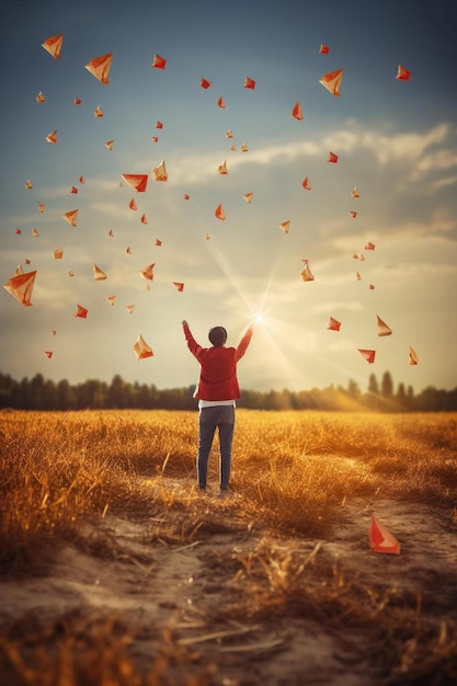 ein Mann steht in einem Feld mit orangefarbenen Fahnen, die im Himmel fliegen