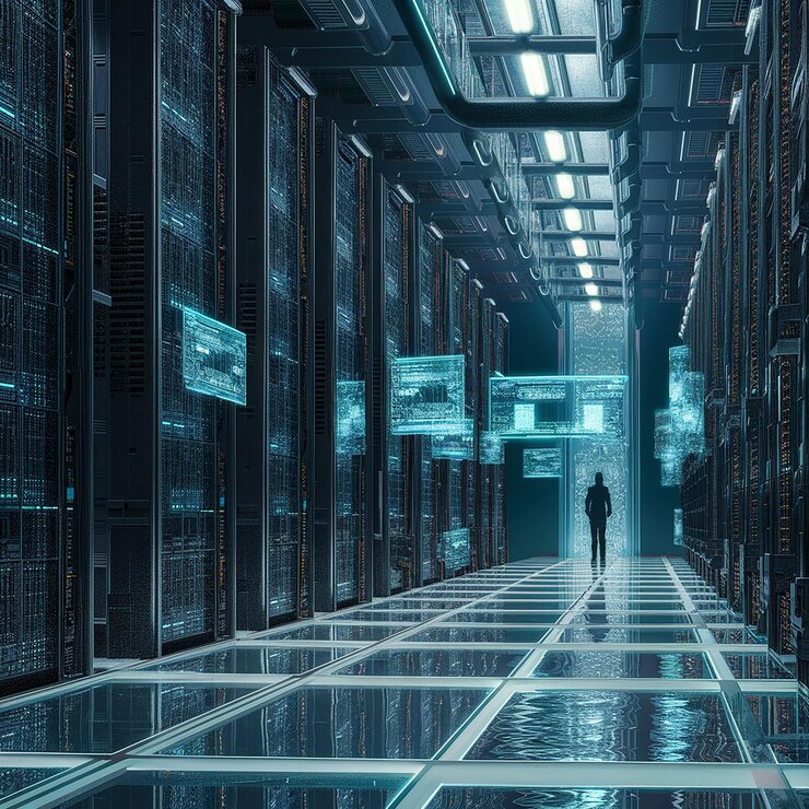 ein Mann steht in einem großen Serverraum mit vielen Regalen mit Computern