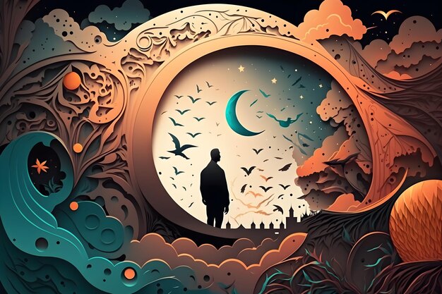Ein Mann steht in einem Kreis mit dem Mond und den Worten "Nachthimmel" darauf.