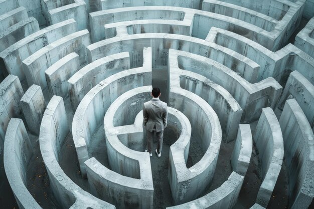 Ein Mann steht in einem Labyrinth in der Mitte eines Labyrinths