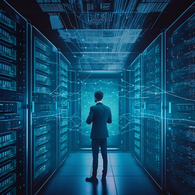 Ein Mann steht in einem Serverraum mit einem blauen Bildschirm, auf dem „das Wort Daten“ steht