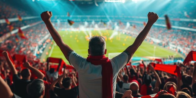 Ein Mann steht in einem Stadion mit seinen Armen in der Luft AIG41