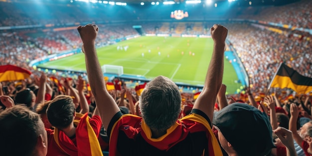 Ein Mann steht in einem Stadion mit seinen Armen in der Luft AIG41