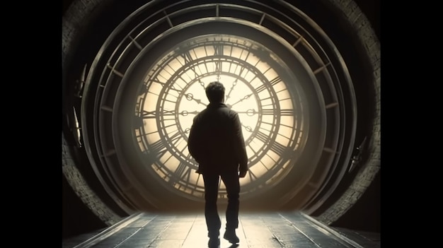 Ein Mann steht in einem Tunnel mit einer Uhr im Hintergrund
