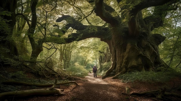 Ein Mann steht in einem Wald mit einem großen Baum auf der linken Seite.