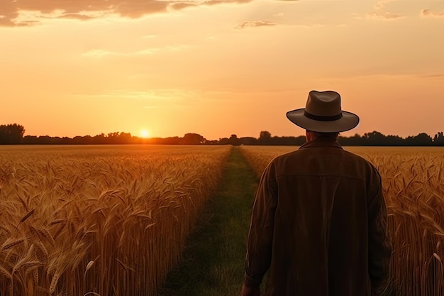 ein Mann steht in einem Weizenfeld und schaut auf die Sonne, die hinter ihm untergeht, mit dem Rücken zur Kamera