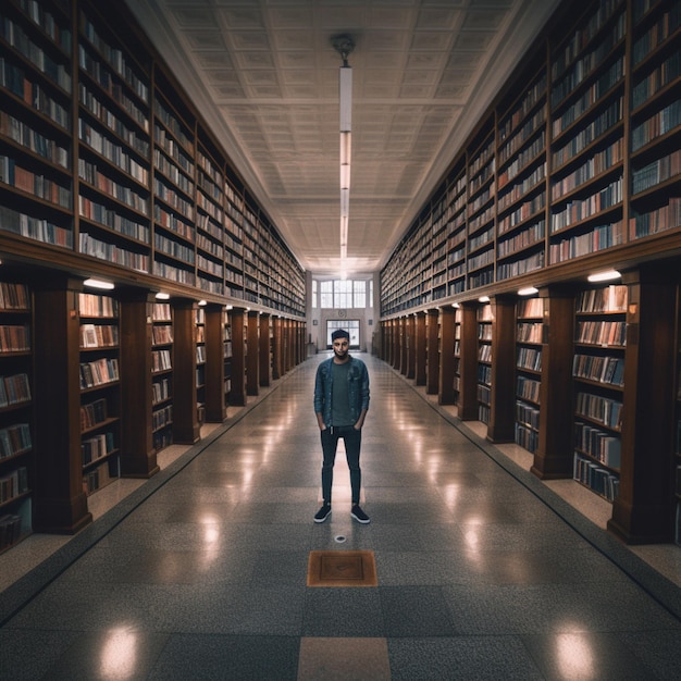 Ein Mann steht in einer Bibliothek mit Büchern in den Regalen.