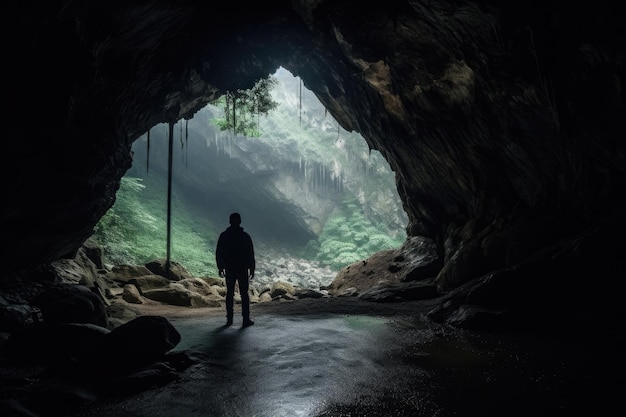 Ein Mann steht in einer dunklen Höhle mit einer großen Öffnung in der Mitte. Generative KI