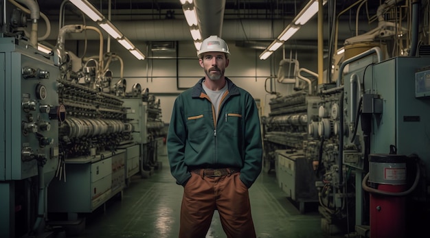 Ein Mann steht in einer Fabrik und trägt eine grüne Jacke.