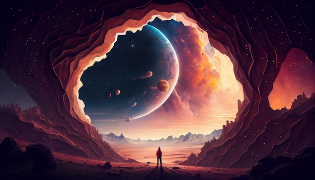 Ein Mann steht in einer Höhle mit einem Planeten im Hintergrund.