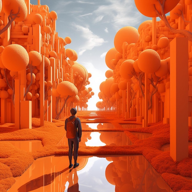 Ein Mann steht in einer Wasserpfütze mit Orangenbäumen im Hintergrund.