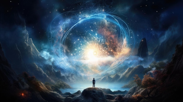 Ein Mann steht in einer Wolke aus Sternen und dem Universum.