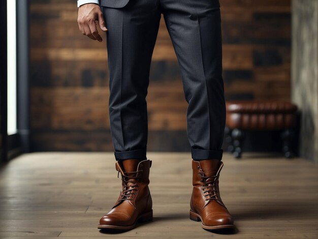 Ein Mann steht in Stiefeln, Schuhen und Anzug