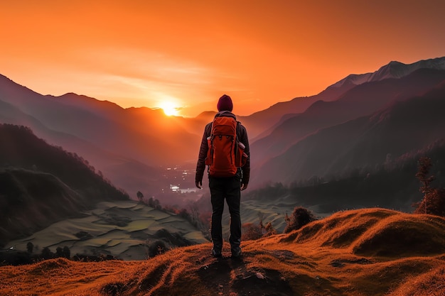 Ein Mann steht mit einem roten Rucksack auf einem Hügel und blickt auf den Sonnenuntergang