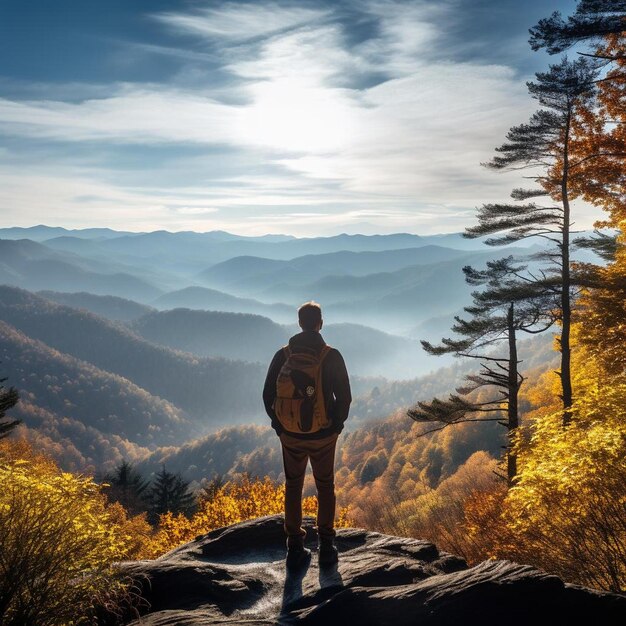 Ein Mann steht mit einem Rucksack auf einem Berggipfel