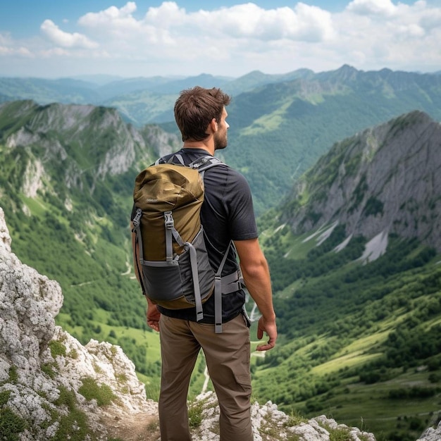 Ein Mann steht mit einem Rucksack auf einem Berggipfel