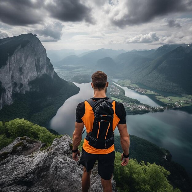 Ein Mann steht mit einem Rucksack auf einem Berggipfel