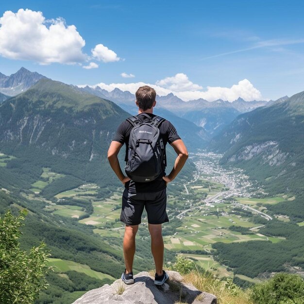 Ein Mann steht mit einem Rucksack auf einem Berggipfel