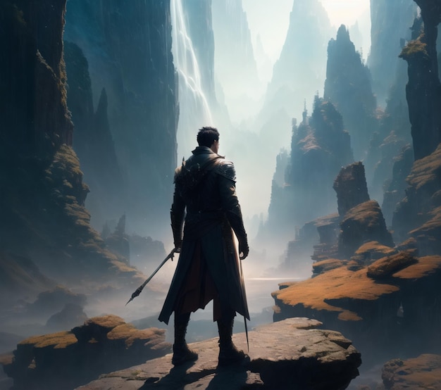 Ein Mann steht mit einem Schwert in der Hand vor einem Berg.