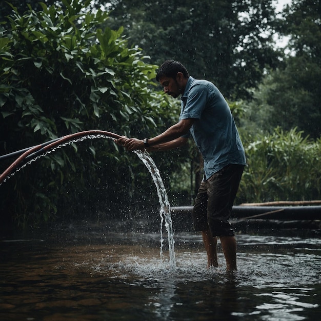 ein Mann steht mit einem Stock in der Hand im Wasser