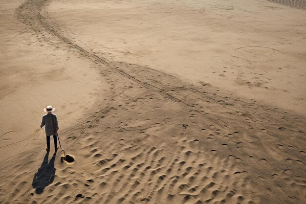 Foto ein mann steht mit einem stock und einem reifen am strand.