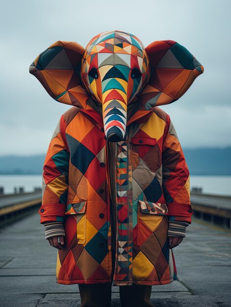 ein Mann steht mit einer bunten Jacke an einem Pier