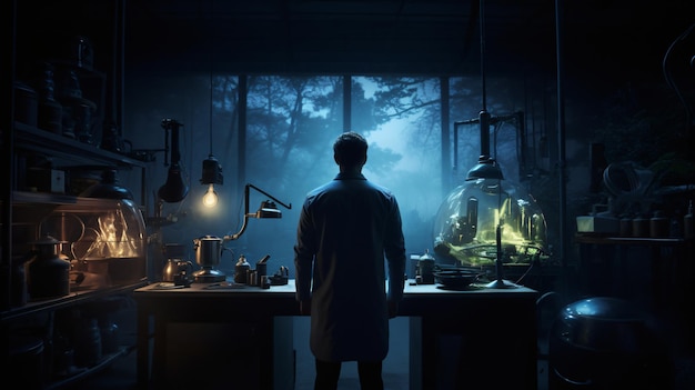 Ein Mann steht nachts im dunklen Labor im Hintergrund