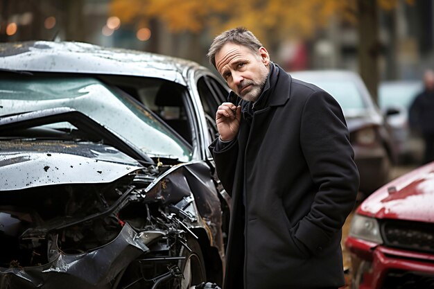Ein Mann steht neben einem beschädigten Auto. Schwerer Autounfall. Verkehrsunfall