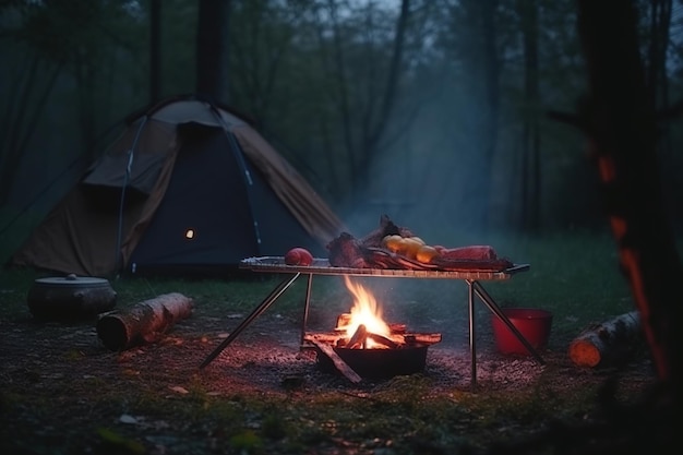 Ein Mann steht neben einem Lagerfeuer, im Hintergrund ein Zelt.