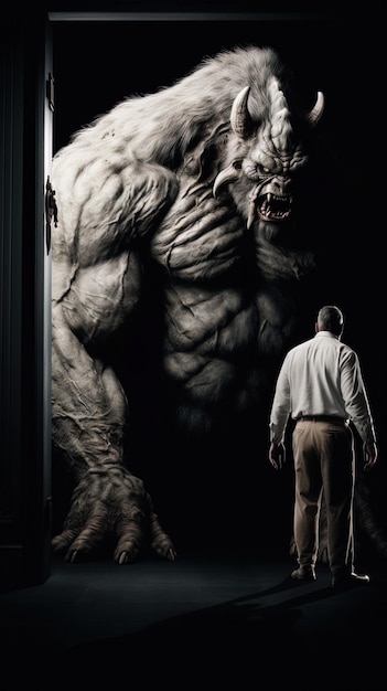 Foto ein mann steht neben einem riesigen monster.