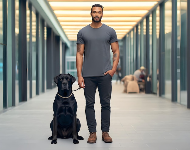 Ein Mann steht neben einem schwarzen Hund in einem Flur.