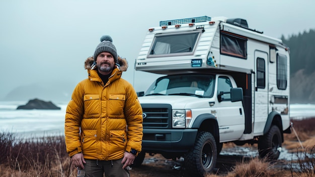 Ein Mann steht neben einem weißen Camper-Rig im Schnee