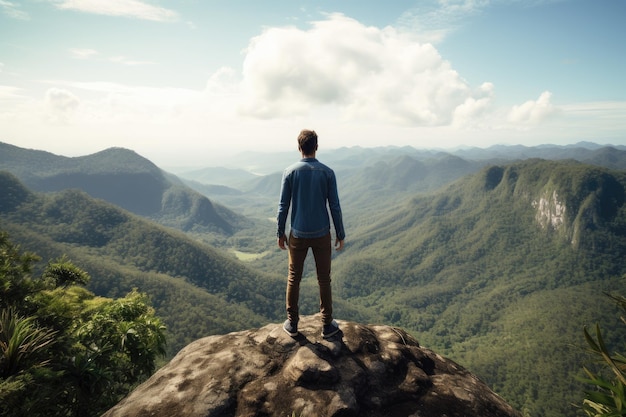 Ein Mann steht selbstbewusst auf einer massiven Felsformation in einer rauen Umgebung im Freien. Männlicher Tourist steht auf einem Berg und genießt die Aussicht auf die Natur. Ganzkörper-KI-generiert