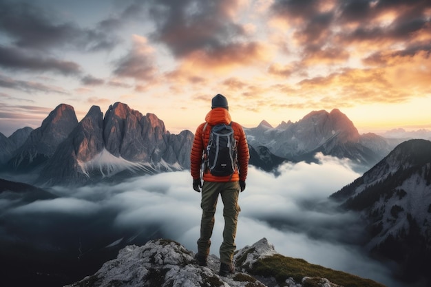 Ein Mann steht triumphierend auf einem Berggipfel und trägt einen Rucksack Ein einsamer Mann genießt den Blick auf die Sommerberge, während er auf einem Berggipfel steht