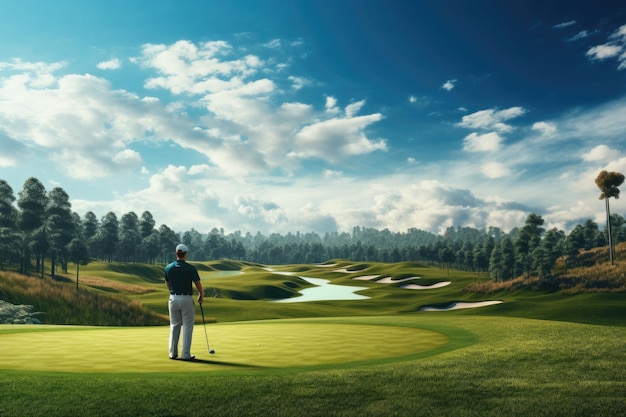 Ein Mann steht triumphierend auf einem üppig grünen Golfplatz, ein männlicher Golfer schießt auf einen professionellen Golfplatz, der von KI generiert wird.