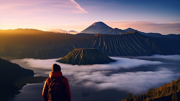 ein Mann steht und schaut auf den Bromo-Berg in Indonesien