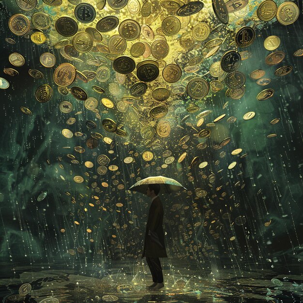 ein Mann steht unter einem Regenschirm mit Goldmünzen darauf