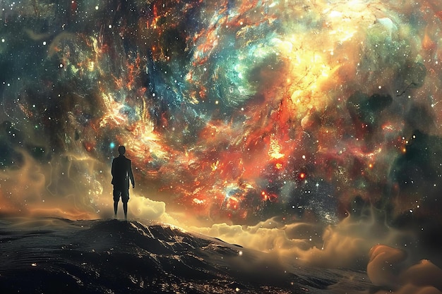 Ein Mann steht unter einem sternenreichen kosmischen Himmel auf einem Berg