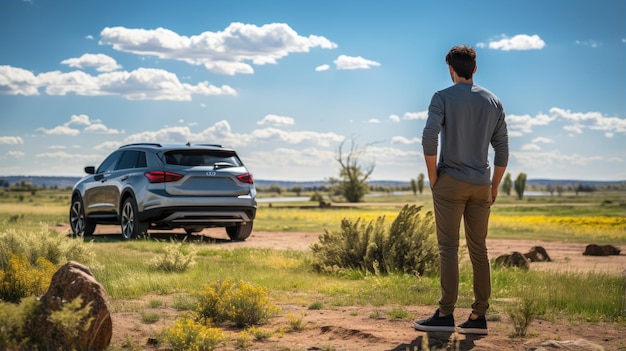 Ein Mann steht vor dem Auto und ist dem Auto gegenüber